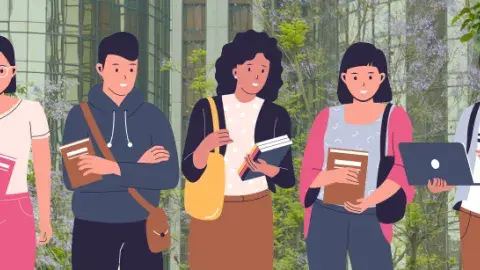 Library patrons walking outdoors with books, laptops, and notebooks. 