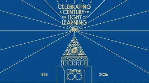 Central 100 logo shaped like Central Library and tagline that reads Celebrating a Century of the Light of Learning