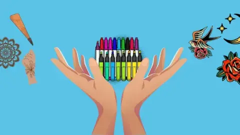A pair of hands holding markers alongside henna and tattoo graphics.