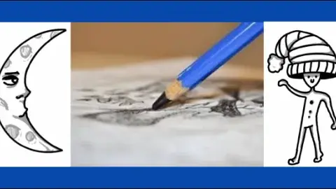Drawing of a moon and a figure with a hat, and a pencil sketching.