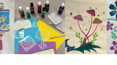 Various dipictions of stencils & fabric paint and finished paint on canvas designs.