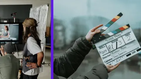 Two pictures - first has a woman looking at a screen with the actor in the background. Second is a director slate in front of an outdoor location