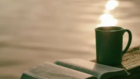 mug and open book sitting by the water
