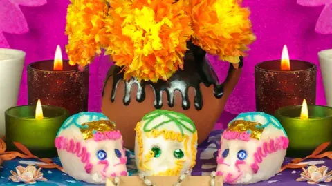 Day of the Dead altar with sugar skulls