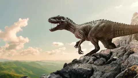 dinosaur roaring on a rocky outcrop overlooking a green valley