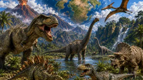 Jurassic dinosaurs with an active volcano in the background and a partial map of pangea