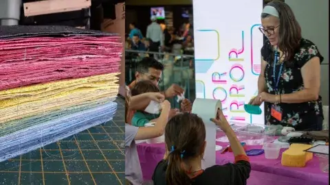 A tall stack of colorful, textured handmade paper on the left and a busy community papermaking workshop on the right