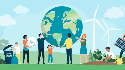 Cartoon people holding up globe and recycling 