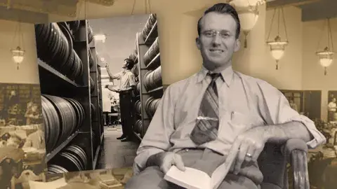 John Bernhill Phillips, the first designated Central Library director. Shelves of film reels in the Audio-Visual Department