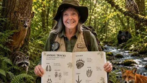 A white woman wearing a nature vest and hat and holding up a book image with animal tracks drawn on it. Background is a forest, stream and photos of an owl, fox, deer, racoon and a bear