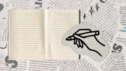 An image of a notebook and hand writing with a pencil amongst a newspaper background.