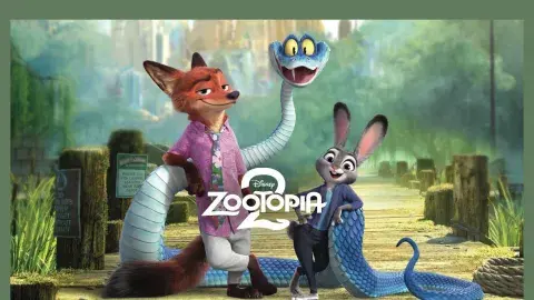 Image if characters from Zootopia 2 movie, orange fox, gray bunny, and blue one fanged snake