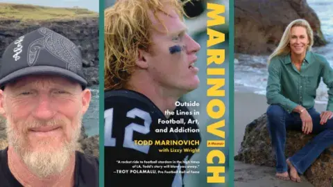 Authors Todd Marinovich, Lizzy Wright, and new memoir book cover Todd Marinovich.