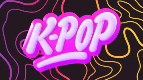 The word "K-Pop" against a background with colorful wavy lines