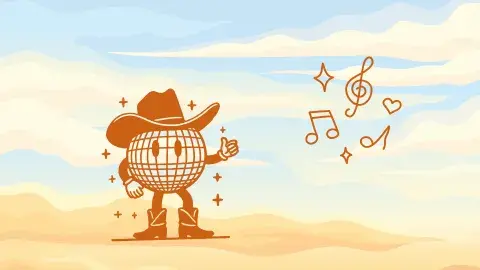 a cowboy cartoon and music notes in a desert