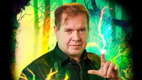 man with colorful background
