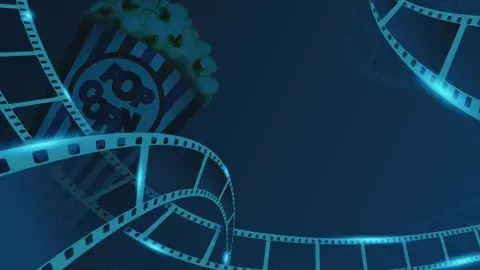 An image of flowing film reel strips against a blue background.