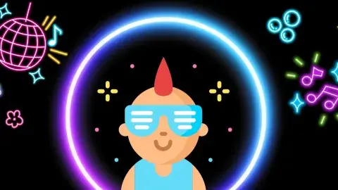 A drawing in neon colors of a baby with a mohawk and sunglasses with disco ball in the background