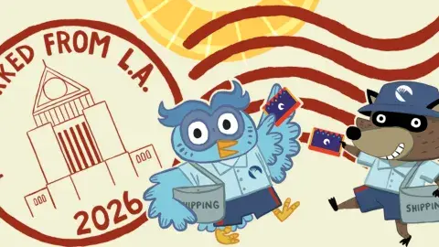 Postmarked from L.A. postmark with animated racoon and owl dressed as mail carriers