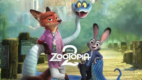 Zootopia 2 movie title in front of a a fox, snake, and bunny standing on the end of a dock 