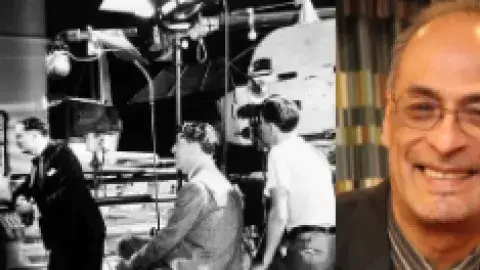 Manny Pacheco next to an old image of a movie being shot with two actors, a director, and a cameraman.