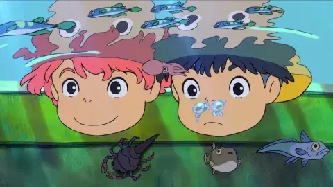 Little girl and boy underwater with sea animals