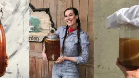 The photograph on the left is a bottle of kombucha. In the middle is Brie holding a jug of kombucha. To the right is a jar of kombucha.