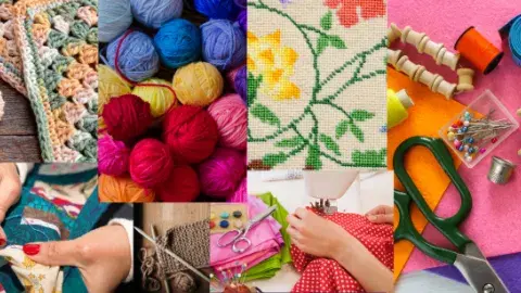 Collage of yarn, embroidery, and sewing supplies