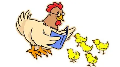 A hen reading from a blue book to five yellow chicks.