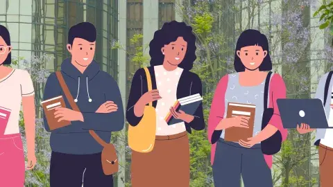 teens gathered together holding books and a laptop