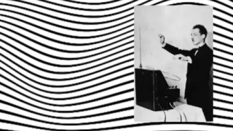 Leon Theremin playing a Theremin, surrounded by wavy lines.