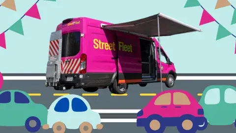 Illustrated assorted cars and a mobile outreach truck for LAPL, Raspberry 