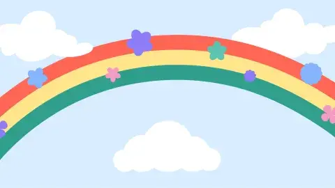illustrated rainbow, clouds, and flowers
