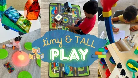 kids playing with toys, play kitchen, and light tables