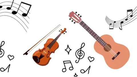A guitar and violin with musical notes