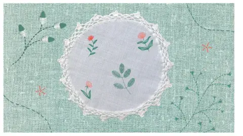Textured light green and white fabric with flowers and green leaves embroidered on it.