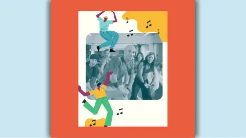 This is a photo of a group of dancers surrounded by an illustration of two dancers with designs and music notes.
