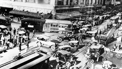 Traffic jam at 7th Street and Broadway in downtown Los Angeles, circa 1915.