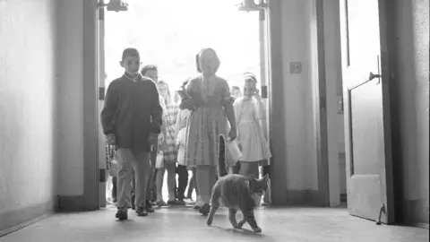 historic photo of children entering school
