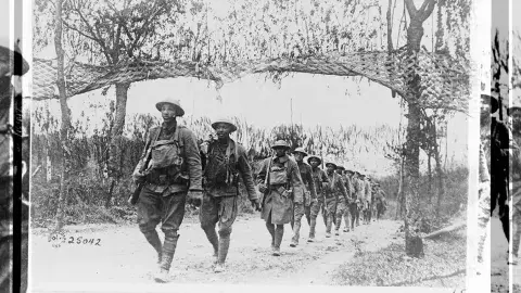 U.S. Army Infantry troops, African American unit, marching northwest of Verdun, France, in World War I