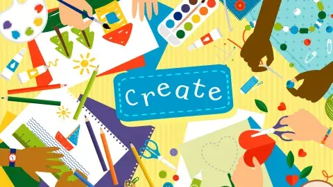 Crafting picture with kids hands and the word Create in the middle