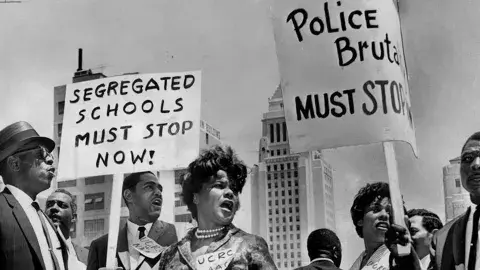 A group of people protesting against segregation in schools and police brutality.