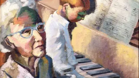 Painting of senior next to young child playing piano