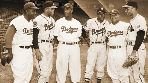 Historic photo of Jackie Robinson, George Crowe, Joe Black, Sam Jethroe, Roy Campanella and Bill Bruton