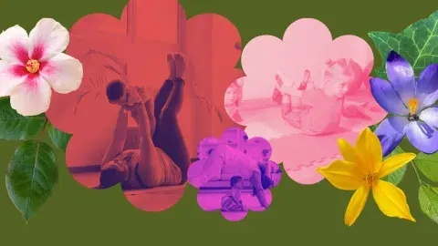 Warm-tinted photos of parents and babies in yoga poses surrounded by floral illustrations on a green background