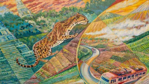 detail from mural with leopard and bus