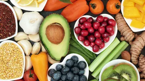 Healthy food including grans, vegetables and fruits