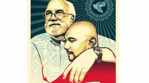 Father Gregory Boyle hugs a former gang member in this poster created by Shepard Fairy 