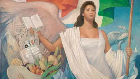 painting of person holding book and Mexican flag