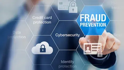 man pointing to fraud prevention wording with other identity theft words around
